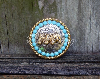 Silver and Gold Round Rope Edge 3 Horse Head Concho - Turquoise
