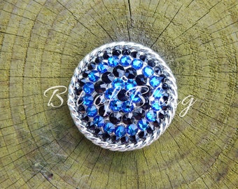 Shiny Silver Round Rope Edge Concho - Jet & Bermuda Blue - Horse Tack Custom Conchos Bling Conchos