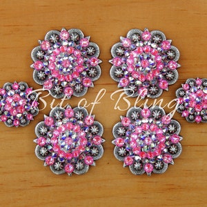 Saddle Concho Set - Crystal AB & Electric Pink Delite - Horse Tack Rodeo Barrel Racing Pole Bending Trail Riding Gymkhana
