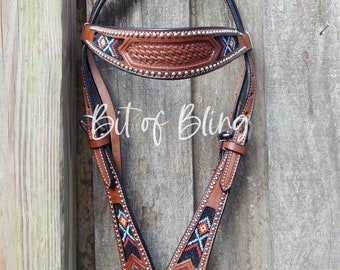 Tooled Leather Browband Headstall with Navajo Beaded Design Western Horse Tack