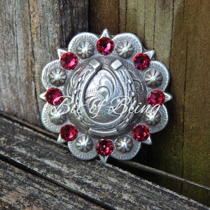 May include: Silver horseshoe concho with red rhinestone accents. The concho has a floral design and is surrounded by a circle of rhinestones.