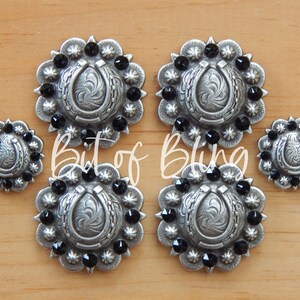 Antique Silver Round Berry Horseshoe Saddle Concho Set - Jet - Western Horse Tack