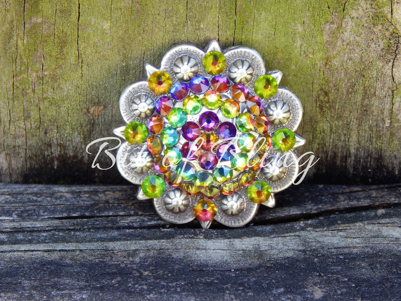 Pode incluir: Uma fivela redonda prateada com um design floral. A fivela &eacute; coberta com strass coloridos em tons de verde, amarelo, laranja, vermelho, roxo e azul.