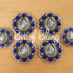LIMITED EDITION Lapis Lazuli Matrix Antique Silver & Gold Round Berry Horseshoe Saddle Concho Set Western Horse Tack