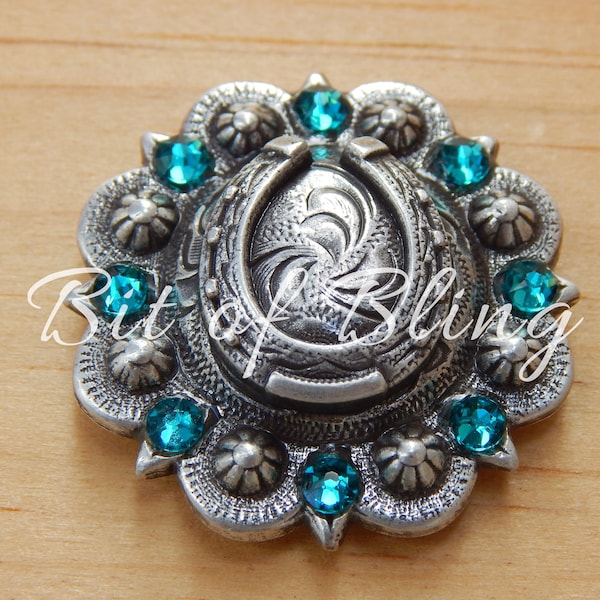 Blue Zircon Antique Silver Round Horseshoe Berry Concho Western Horse Tack Custom Concho Bling Concho Crystal Concho Rhinestone Concho