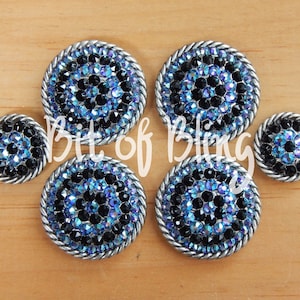 Antique Silver Round Rope Edge Saddle Concho Set - Blue Violet AB & Jet