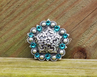 Antique Silver Floral Pentagon Berry Concho - Blue Zircon