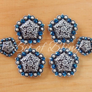 Antique Silver Floral Pentagon Berry Saddle Concho Set - Metallic Blue