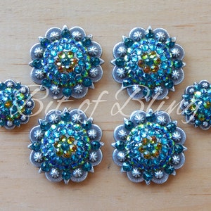 Antique Silver Round Berry Saddle Concho Set - Blue Zircon & Vitrail Medium