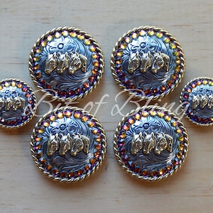 May include: Set of five silver and gold horse head concho buttons with a rainbow iridescent rhinestone border. The buttons are in two sizes, with three larger buttons and two smaller buttons.