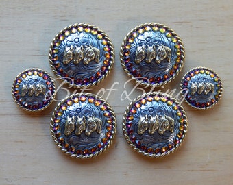 Silver and Gold Round Rope Edge 3 Horse Head Saddle Concho Set - Volcano