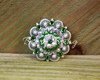 Antique Silver Round Berry Concho - Fern Green and Crystal AB