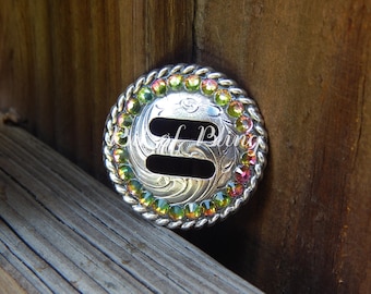 Antique Silver Round Rope Edge Slotted Concho with Rainbow Rhinestones - Western Horse Tack Barrel Racing Rodeo
