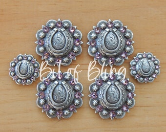 Light Amethyst Antique Silver Horseshoe Berry Saddle Concho Set - Western Horse Tack