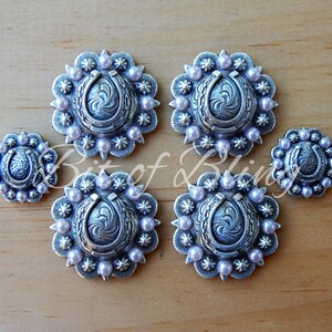 Antique Silver Round Berry Horseshoe Saddle Concho Set - Light Rose Pearls