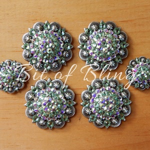 Antique Silver Round Berry Saddle Concho Set - Chrysolite and Crystal AB