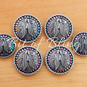 Antique Silver Round Rope Edge Feathers Saddle Concho Set - Green Volcano - Western Horse Tack