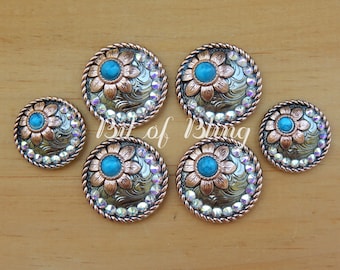 Antique Silver and Copper Turquoise Flower Saddle Concho Set with Turquoise Rhinestones Western Horse Tack Rodeo Barrel Racing Pole Bending