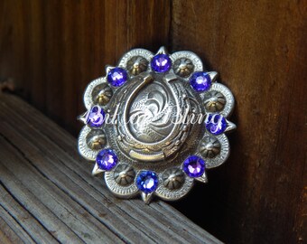 Antique Silver Round Berry Horseshoe Concho with Heliotrope Rhinestones - Western Horse Tack