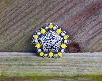 Antique Silver Floral Pentagon Berry Concho - Yellow Opal