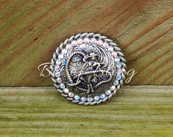 Antique Silver Round Rope Edge Cowgirl Crystal AB Concho Western Horse Tack