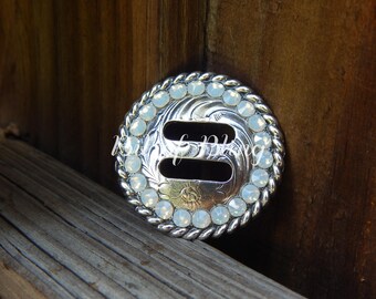 Antique Silver Round Rope Edge Slotted Concho with White Opal Rhinestones - Western Horse Tack Barrel Racing Rodeo