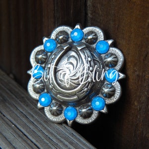 Antique Silver Horseshoe Berry Concho - Electric Blue - Western Horse Tack