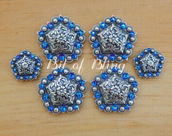 Antique Silver Floral Berry Pentagon Saddle Concho Set with Cobalt Shimmer Rhinestones - Western Horse Tack