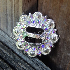 1.5" Shiny Silver Round Berry Slotted Concho - Crystal AB - Western Horse Tack