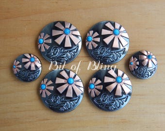 Turquoise Floral Antique Silver and Copper Saddle Concho Set -  Western Horse Tack Rodeo Barrel Racing Pole Bending Trail Riding Reining