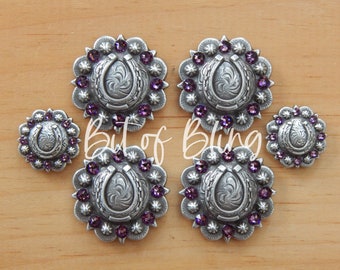 Antique Silver Horseshoe Berry Saddle Concho Set - Iris