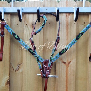 Beaded Cactus Leather One Ear Headstall and Breast Collar Tack Set - Western Horse Tack