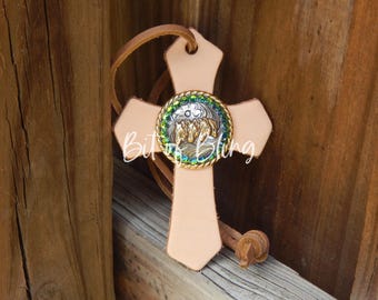 Western Leather Saddle Cross with Silver & Gold Round Rope Edge 3 Horse Head Concho - Vitrail Medium Rhinestones