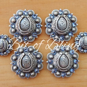 Antique Silver Round Berry Horseshoe Saddle Concho Set - Light Sapphire