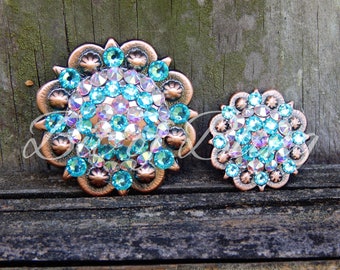 Copper Round Berry Concho - Lt. Turquoise & Crystal AB