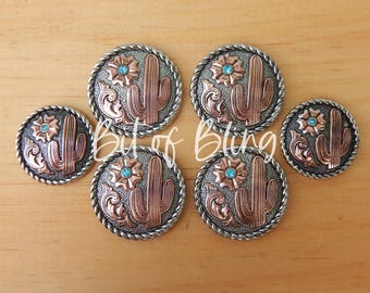 Antique Silver and Copper Turquoise Cactus Flower Saddle Concho Set Western Horse Tack