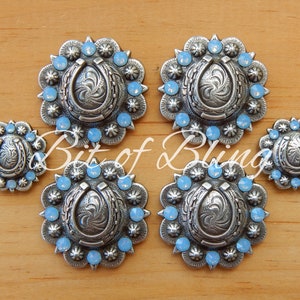 Antique Silver Round Berry Horseshoe Saddle Concho Set - Air Blue Opal