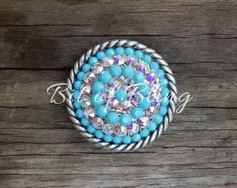 Antique Silver Round Rope Edge Concho Crystal AB and Turquoise Horse Tack Rodeo Gymkhana Barrel Racing Pole Bending