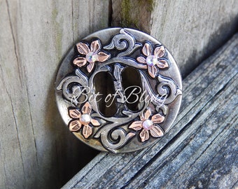 1.5" Antique Nickel and Copper Slotted Flower Concho with Crystal AB Rhinestones