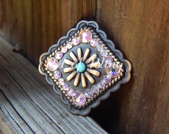 Antique Gold Scalloped Edge Square Turquoise Flower Concho with Crystal AB Rhinestones - Western Horse Tack