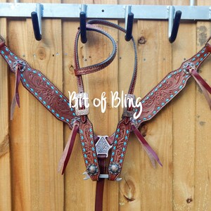 Teal Buck Stitch Headstall and Breast Collar Tack Set