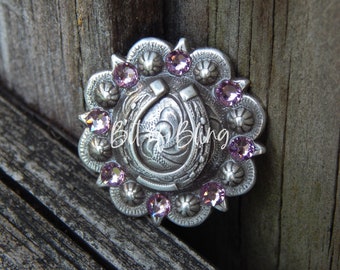 Light Amethyst Antique Silver Horseshoe Berry Concho - Western Horse Tack