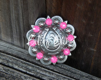 Antique Silver Horseshoe Berry Concho - Electric Pink - Western Horse Tack