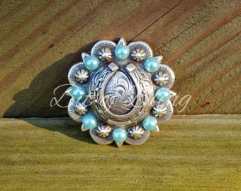Antique Silver Round Berry Horseshoe Concho - Light Turquoise Pearls