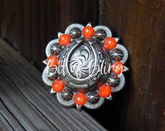 Antique Silver Horseshoe Berry Concho - Electric Orange - Western Horse Tack