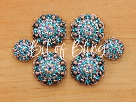 Copper Round Berry Saddle Concho Set - Light Turquoise and Crystal AB - Western Horse Tack