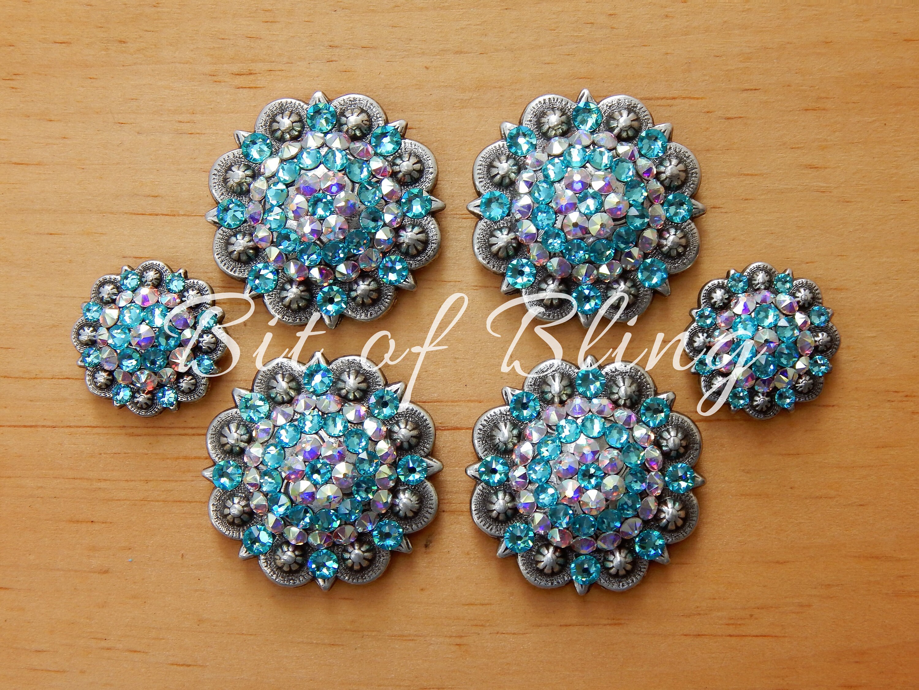Light Turquoise & Crystal AB Antique Silver Round Berry Saddle Concho Set Western Horse Tack