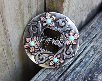 1.5" Antique Nickel and Copper Slotted Flower Concho with Turquoise Rhinestones