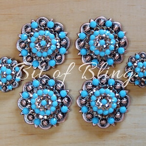 Rose Gold and Turquoise Copper Round Berry Saddle Concho Set Western Horse Tack