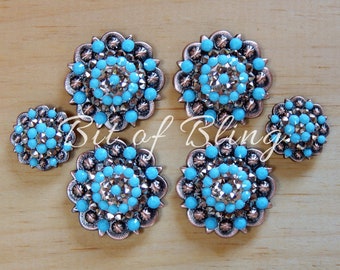 Rose Gold and Turquoise Copper Round Berry Saddle Concho Set Western Horse Tack